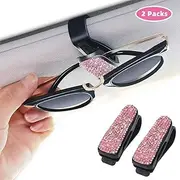 finefun Glasses Holders for Car Sun Visor 2 Pack, Bling Bling Diamond Sunglasses Eyeglasses Mount with Ticket Card Clip (Pink)