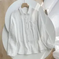 在飛比找momo購物網優惠-【設計所在】知性小文藝 全棉長袖白襯衫寬鬆百搭棉紗上衣 zx