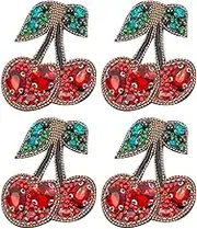 BEUNITONE 4 PCS Cherry Beaded Patches Sew on Cherries Rhinestone Patch Fruit Food Crystal Applique Red and Green Patches for DIY Clothing Repair Jeans Jackets Shoes Handbag Backpack