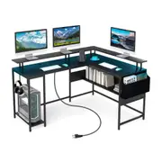 Costway L-Shaped Gaming Desk w/LED Lights Power Outlets & Monitor Stand Office Computer Desk Study Table Black
