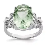 Sterling Silver Rhodium Green Quartz & Diamond Ring Size 6