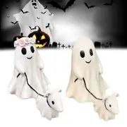 Halloween Ghost Walking Dog Statue,Ghost Walking His Ghost Dog Halloween Figurine Fall Decorations for Spooky Home Tabletop Decor 2pc