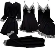 [Generic] Satin Nightdress for Women Multipack Satin Nightwear Set Red Silk Pjs Adult Satin Pyjamas Red Satin Nightgown and Robe Set Satin Pjs Girls Short Silk Nighties Satin and Lace Nightdress