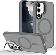 [Tcaraersing] for Samsung Galaxy S24 Plus Magnetic Case with Stand [Compatible for MagSafe] Built-in Camera Ring Holder Stash Kickstand Slim Matte Frosted Cover Anti-Fingerprint, Grey