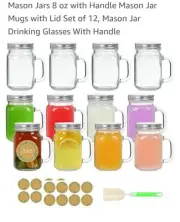 Mason Jars Handle Glass Mugs Sliver Lids 12 Pack 8oz Drinking Jars With Labels