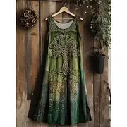 Women's Vintage Viking Celtic Knot Gradient Art Midi Dress Sundress A Line Dress Vacation Casual Boho Going out Regular Fit Floral Graphic Leaf Sleeveless U