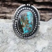 Navajo Kevin Max Thunder Mountain Turquoise Ring signed sterling sz 7