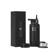 Iron Flask Wide Mouth Water Bottle With Straw Lid Black 32 oz