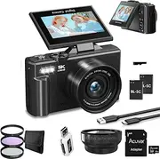5K Digital Camera for Photography & Video – 75MP UHD Vlogging Camera with WiFi, Autofocus, 3" Flip Screen, 18X Zoom – Compact Travel Camera for YouTube with 64GB (Pro Kit, Black)