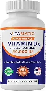 Vitamatic Vitamin D3 50,000 IU (as Cholecalciferol), Once Weekly Dose, 1250 mcg, 60 Veggie Capsules 1 Year Supply, Progressive Formula Helping Vitamin D Deficiencies