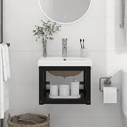 Bathroom Washbasin Frame with Built-in Basin Black Iron,WallMounted Bathroom Vanity with Ceramic Vessel Sink, Contemporary Iron Frame Vanity Suites