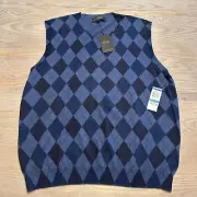 NEW Tasso Elba Blue V Neck Argyle Sweater Vest Mens XL Lightweight Cotton