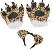 [SHERCHPRY] Leopard Paw Gloves Plush Winter Warm Mittens with Headband Cosplay Accessory for Women Men