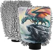 XYMZR Absorbent Microfiber Car Wash Mitt Dragon Retro Rock, Funny Cute Anime Scratch Free for Cars Cleaning, Home Cleaning Mitts, 2 Pack, 10.24” L x 7.09” W