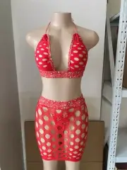 3 Piece Red Bandana Fish Net Skirt With Top and Thong Stripper Outfit Custom