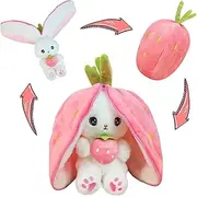 Bunny Stuffed Animal Reversible Cuddle Bunny Stuffed Pillow,Strawberry Bunny Transformed Rabbit Plush Zipper,Cute Kawaii Rabbit Toys Pillow Decoration for Kids (Strawberry)