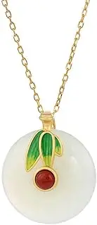 [FEATUR] Ladies Jewellery Gift,Silver Bracelets for Womens,Charm Bracelet, Vintage Court Style Necklace Bamboo Leaf Peaceful Buckle Pendant Necklace Jade Jewelry Gold Set Ring (Color : Necklace)