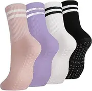 [Ansycke] 4 Pairs Yoga Grip Socks Women, Non Slip Pilates Grippy Sock Ladies Mid-Calf Grip Breathable Cotton Socks for Ballet, Dance, Workout, Fitness, Running, Black, White, Purple, Pink