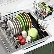 Romision in Sink Dish Drying Rack - Dish Drainers with Drainboard for Kitchen Counter, Over Sink Dish Drying Rack Use for Countertops, Stainless Steel Dish Racks with Utensil & Cup Holder, Black