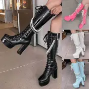 Solid Color Square Toe Thick High Heels Platform Glossy Leather Women Boots