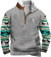 [Spatofa] Men's Western Fleece Jacket Cowboy Bull Head Print Pullover 1/4 Zip Stand Collar Country Sweatshirt with pocket