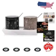 Artisan Marble Hash Salt Cellars with Spoon - Set of 2 Elegant Spice Holders