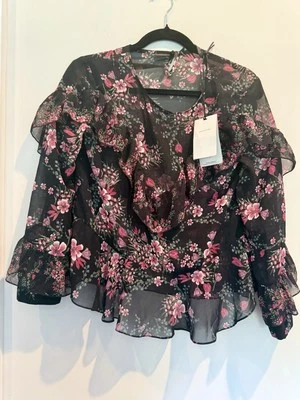 NWT Zara Womens Top Black Ruffles Floral Sheer Sz M Whimsygoth Dark Romantic