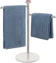 BathAce Hand Towel Holder, F-Shape Hand Towel Stand with Marble Base, Stainless Steel Swivel Hand Towel Rack Standing Towel Bar for Bathroom Kitchen Countertop, 2 Arms (Brushed Nickel)