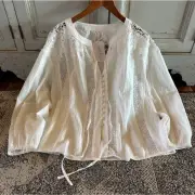 XL New White Lace Feminine Ethereal Button Front V-Neck Top Blouse Womens XLARGE