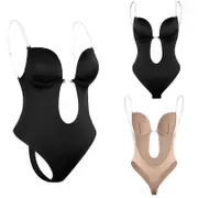 S Size Women Deep U Plunge Seamless Push Up Bra Thong Backless Bodysuit