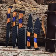 Handmade Carbon Steel Full Tang Chef Knife Set With Leather Roll Camping Knife