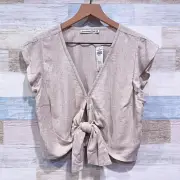 Abercrombie & Fitch Linen Blend Tie Front Crop Top Oat Beige Womens Medium