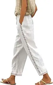 [Generic] Women's Baggy Linen Capri Pants Summer Lightweight Loose Fit Linen Pants Hollow Side Breathable Beach Pants S-4XL