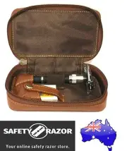 Shaving Kit - Parker Safety Razor 96R + Parker Brown Leather Case + 5 Blades