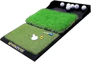 Golf Hitting Mat with Ball Tray, 17"x 30" Bigger Size, Dual-Turf Mat, Heavy Duty Rubber Base, Driving Chipping Practice, Ground Stakes for Outdoor Use, Rubber Tee, and 4 Real Golf Balls