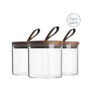 Argon Tableware 3 Piece Glass Jar With Wooden Lid Storage Container Set - Round - Leather Loop - 550ml