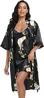 [PENGEE] Women's Satin Robes Set with Nightgown Silk Kimono Pajamas Set 2 Piece Sexy Sleepwear Camisole Wedding Bride Gown Set