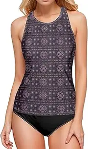 [Joisal] Swimsuit Tank Top, Boho White Tankini Swimsuits for Women, Womens Swim Tops with Bra Built in, Small