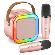 Mini Karaoke Machine Portable Bluetooth Mini Karaoke Microphone Singing Speaker with 2 Wireless Mic and Light for All Smartphones