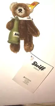 STEIFF Bear Mini Teddy with Champagne Bottle 028908 Brown Mohair 2015 NEW MIP
