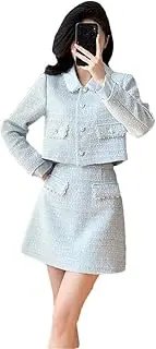 [Generic] Women Vintage Fragrant Tweed Suit Jacke Coat Top and Skirt Beading Two Piece Set