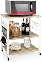 Costway 3-Tier Baker’s Rack, Kitchen Utility Serving Cart w/ 10 Removable Hooks, Standing Microwave Shelf Metal Frames w/Lockable Casters for Coffee Restaurant Hotel (Beige)
