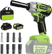 [Yougfin] Cordless Impact Wrench 1/2 inch for Lug Nuts, 20V Brushless Power Impact Gun Kit 400N.M, 4.0 Ah Battery Powered Impact Driver Heavy Duty, Electric Impact Wrench for Car Home
