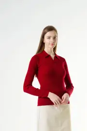 Merinosnug Ribbed Collared Long Sleeve Top – 100% Wool, Rhubarb / XS