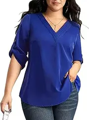 [SCOMCHIC] Women's Plus Size Blouses 3/4 Cuffed Sleeve Dressy Tunic Tops V Neck Casual Loose Blouse Pleated Shirts