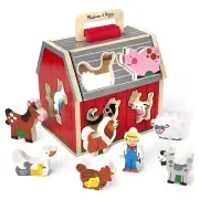 Melissa Doug Wooden Take Along Sorting Barn Toy Flip-Up Roof Handle In NEW