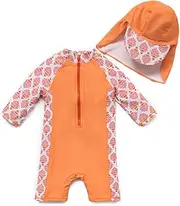 BONVERANO(TM Kids UPF 50+ Sun Protection S/S One Piece Zip Sun Suit with Sun Hat (12-18 Months, Orange Flowers)