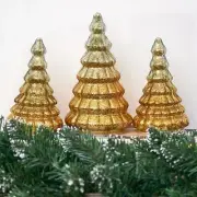 Glass Christmas Tree Set of 3 Gold Timer Lighted Tabletop Small Xmas Trees De...