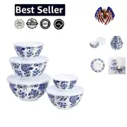 Elegant Nesting Mixing Bowls with Lids in Blue and White Floral, 10-Piece Set