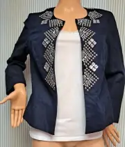 CHICO'S NWT Size-0 Small BLUE LINEN EMBELLISHED JACKET